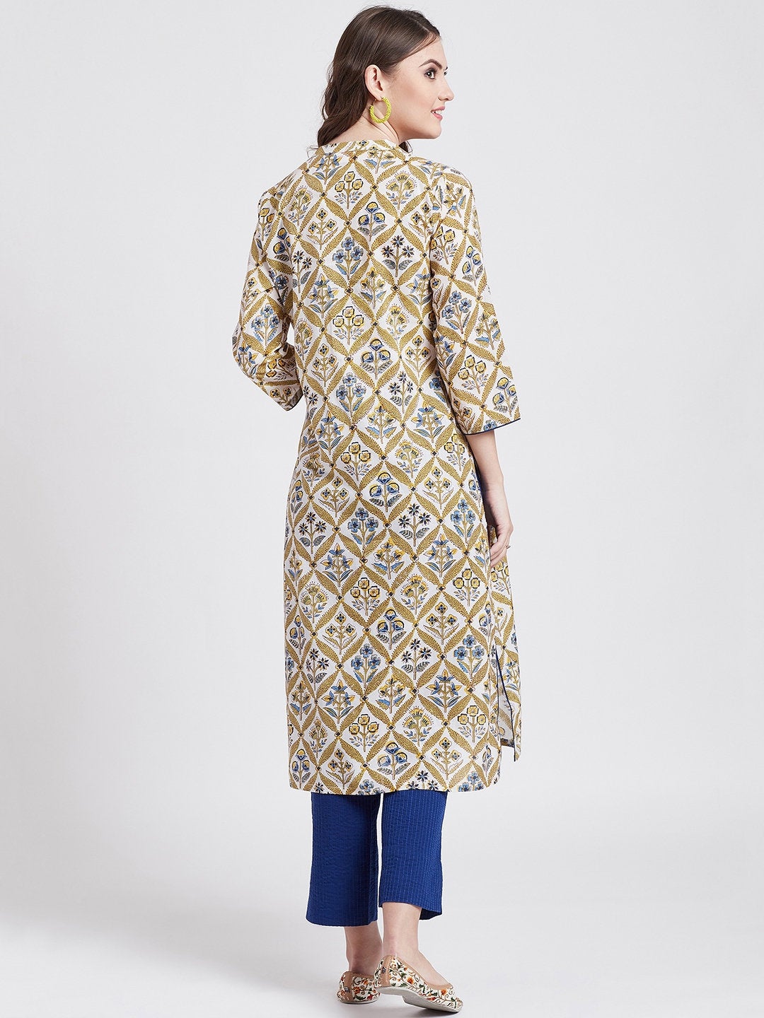 Hand block printed white kurta with self embroided blue cotton straight pants