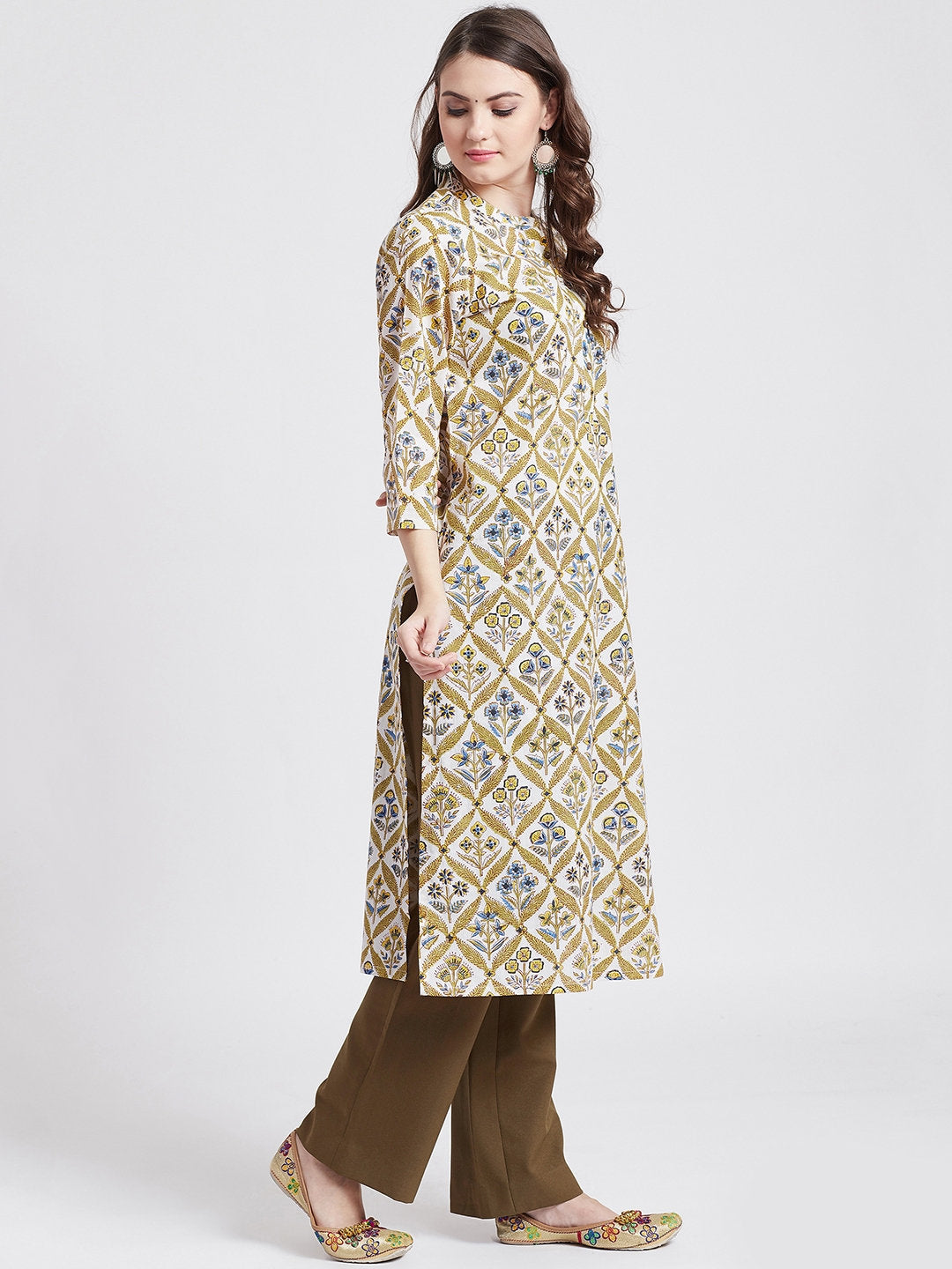 Hand block printed ethnic long Indian kurta with front button placket