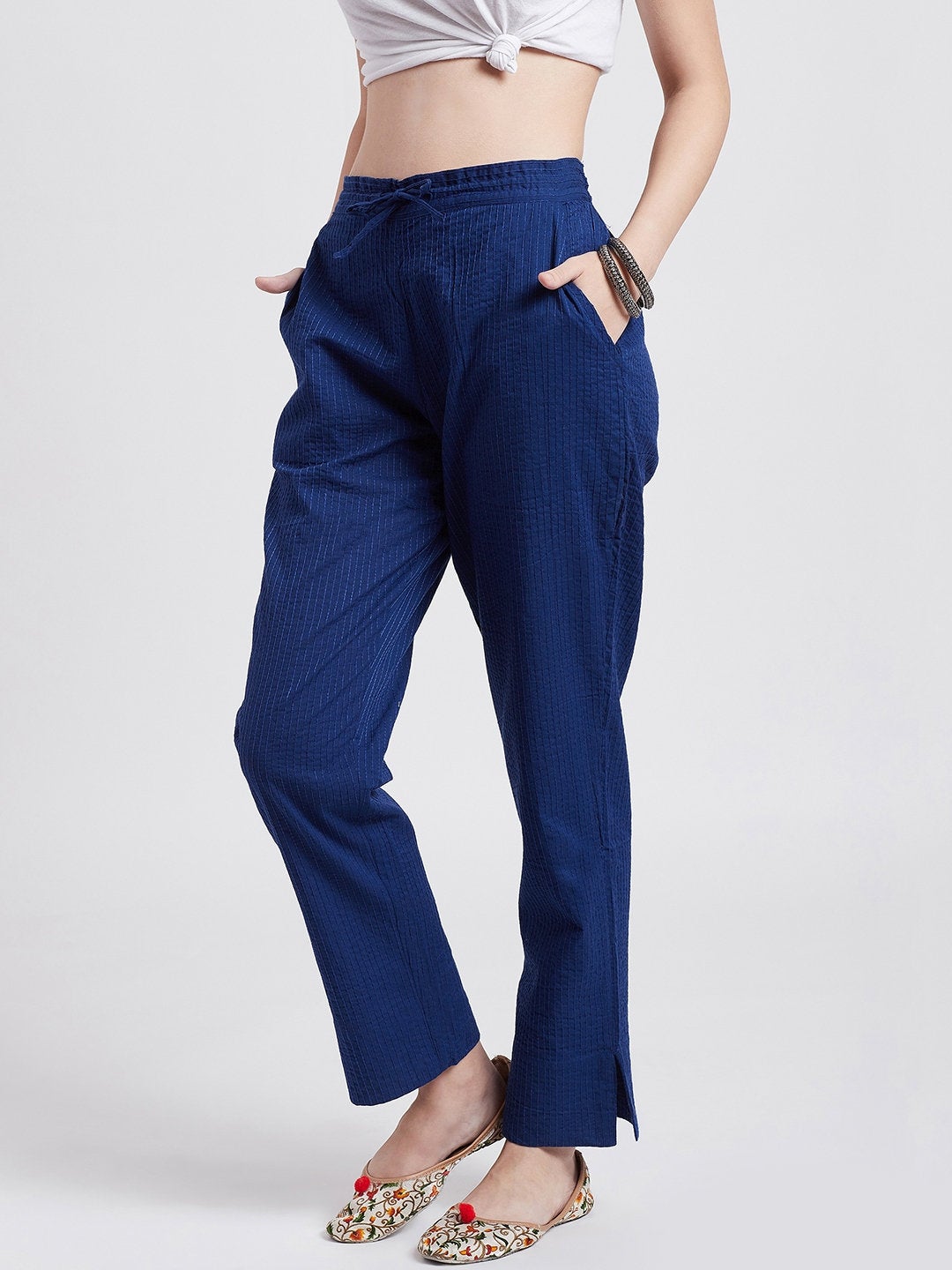 Self embroided cotton blue straight pants
