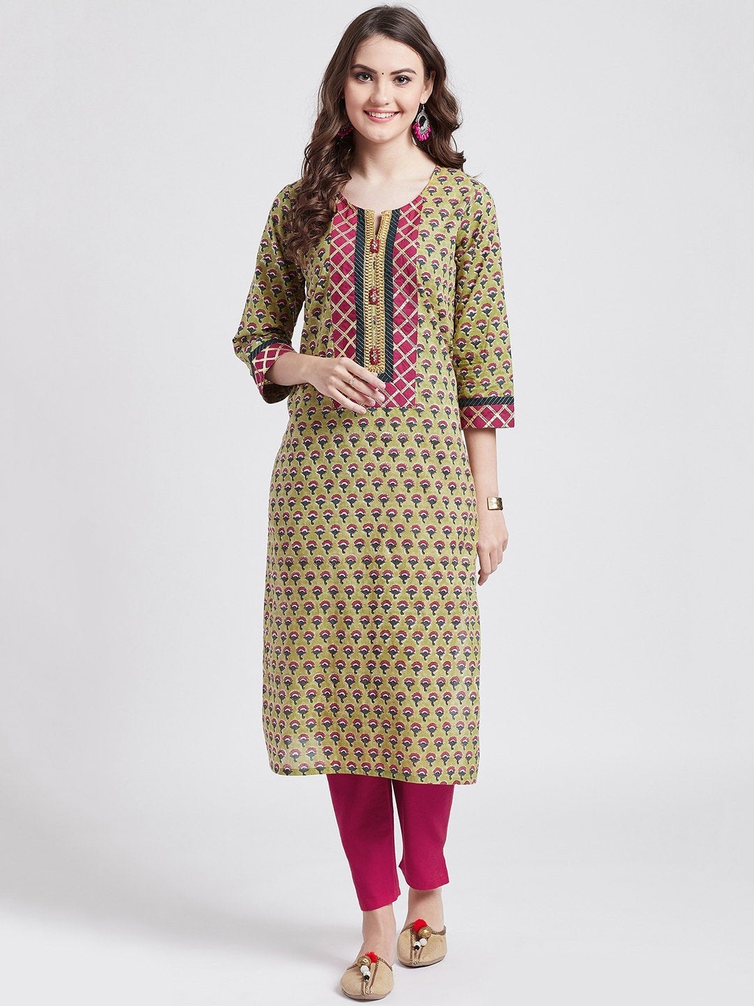 Hand block printed ethnic green long kurta with gota detailing