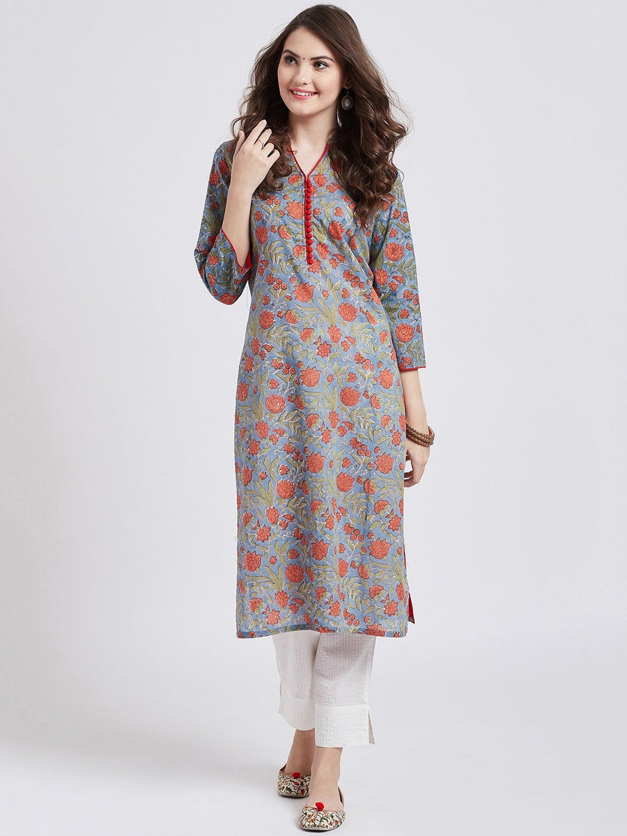 Hand block printed gray kurta with self embroided off white cotton straight pants