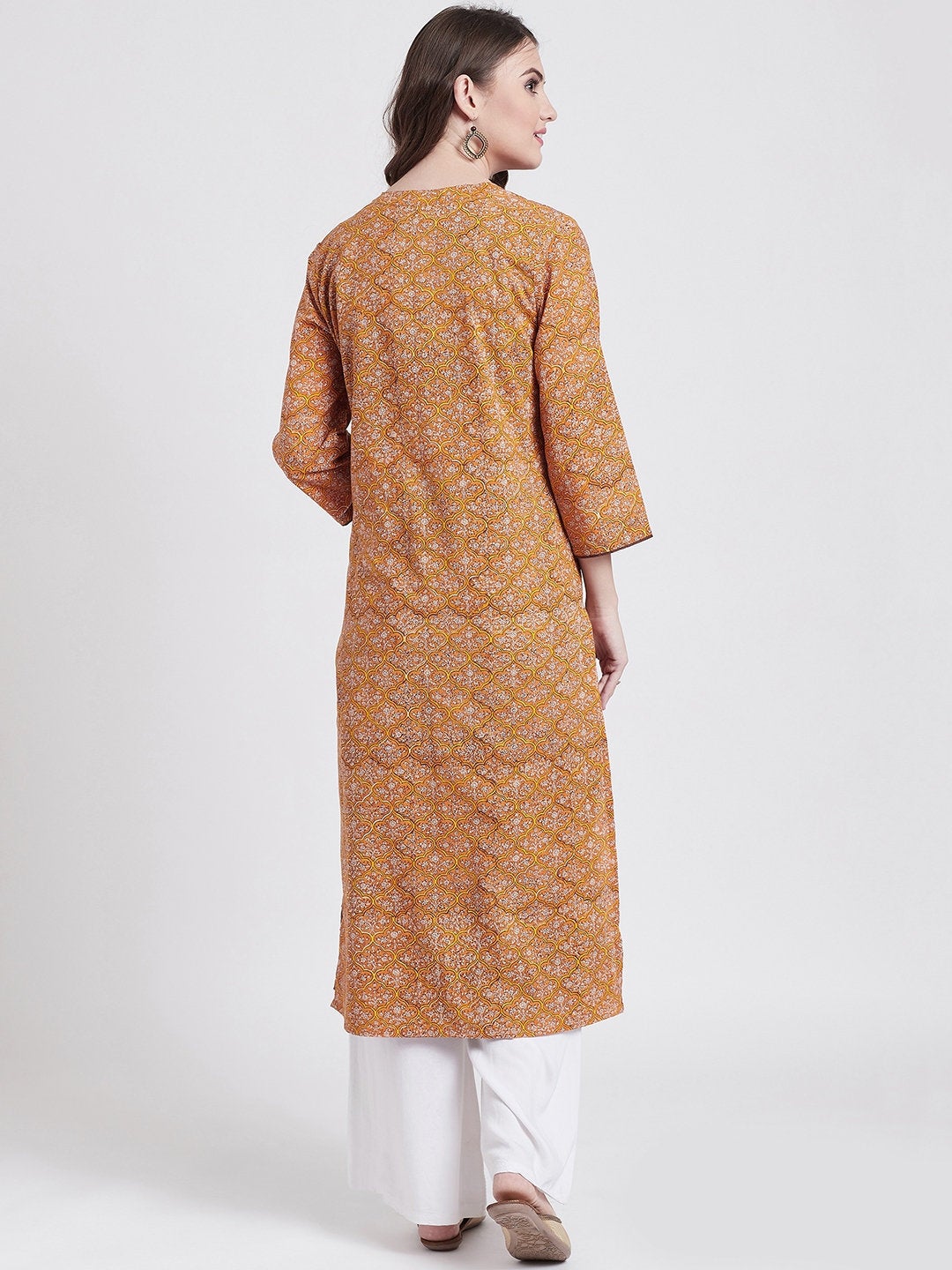 Hand block printed Indian ethnic long kurta in mustard colour