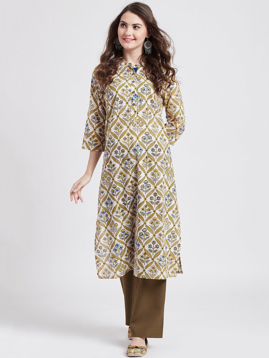 Hand block printed ethnic long Indian kurta with front button placket