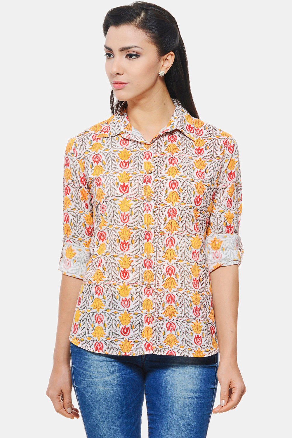 Hand block printed Shirt with yellow and red floral design