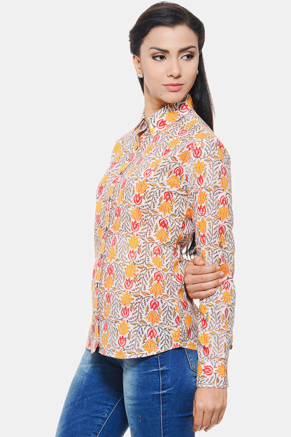 Hand block printed Shirt with yellow and red floral design
