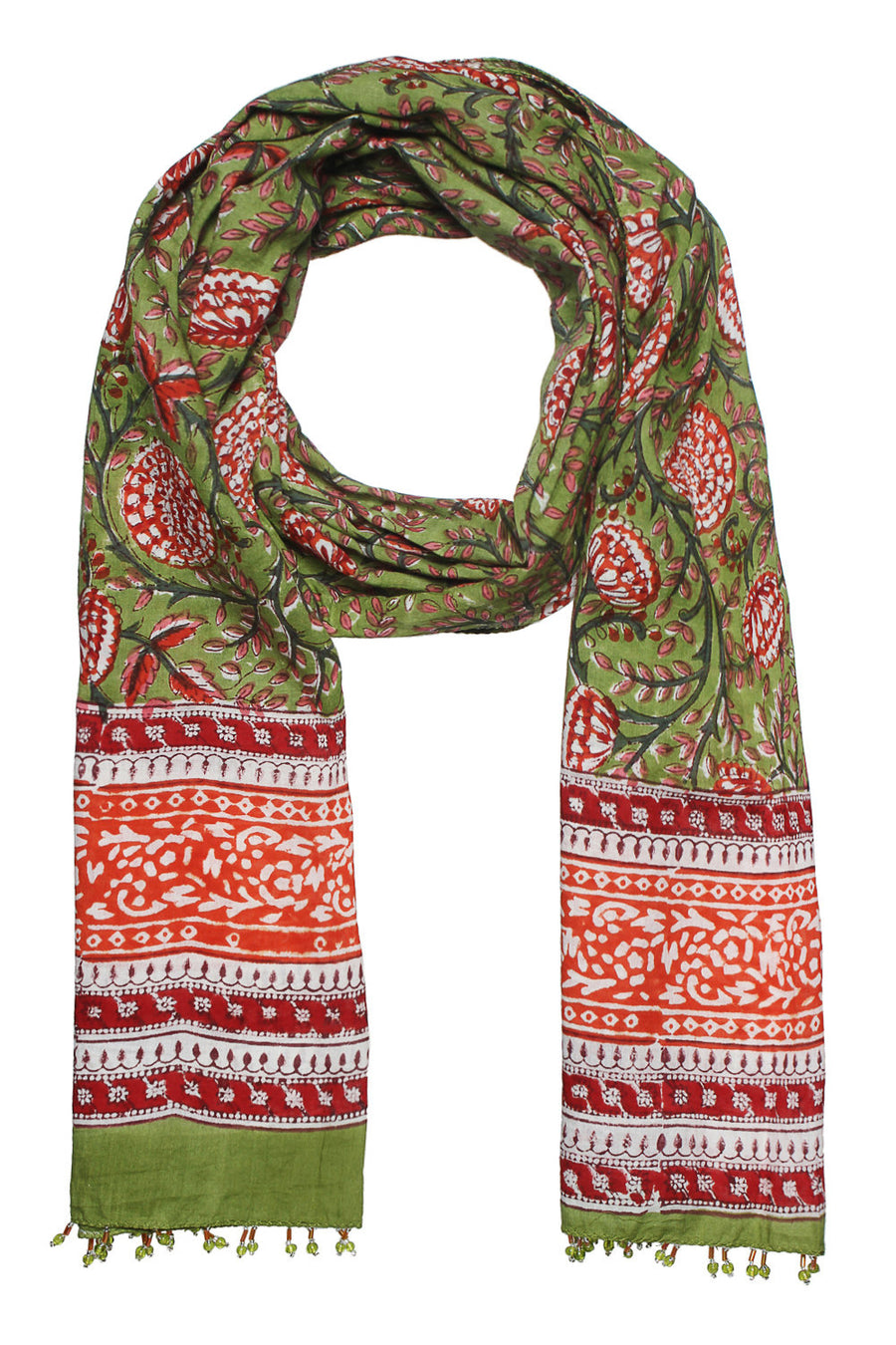 Hand block printed women scarf in vibrant green and sunset orange colour with beads border