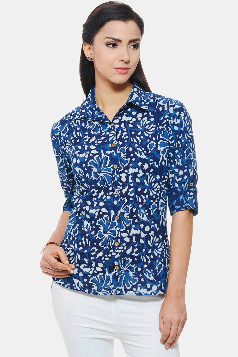 Indigo Hand block printed Shirt in floral design