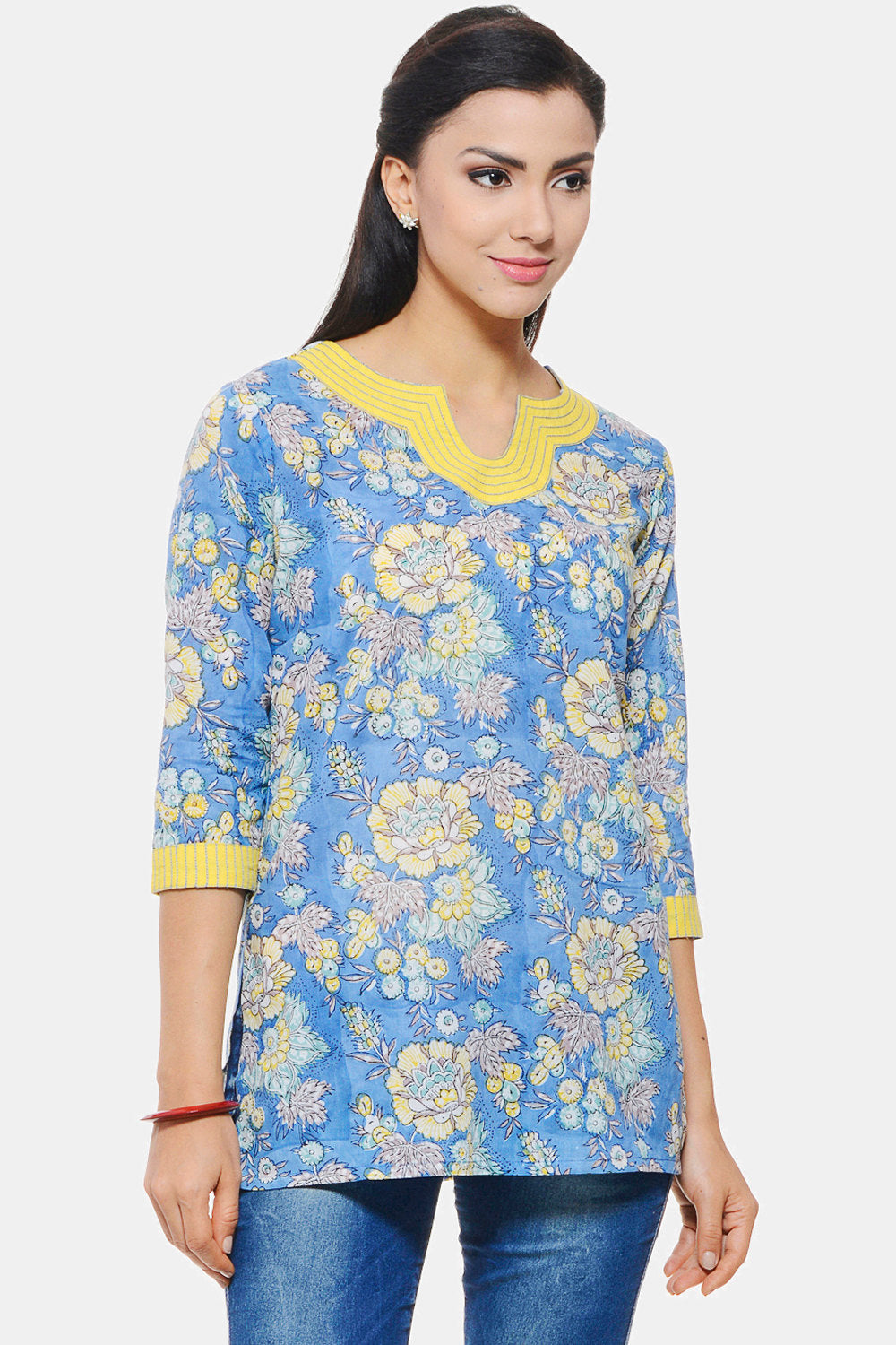 Hand Block Printed Indian Kurti in blue floral design with Embroidery on neck and sleeves