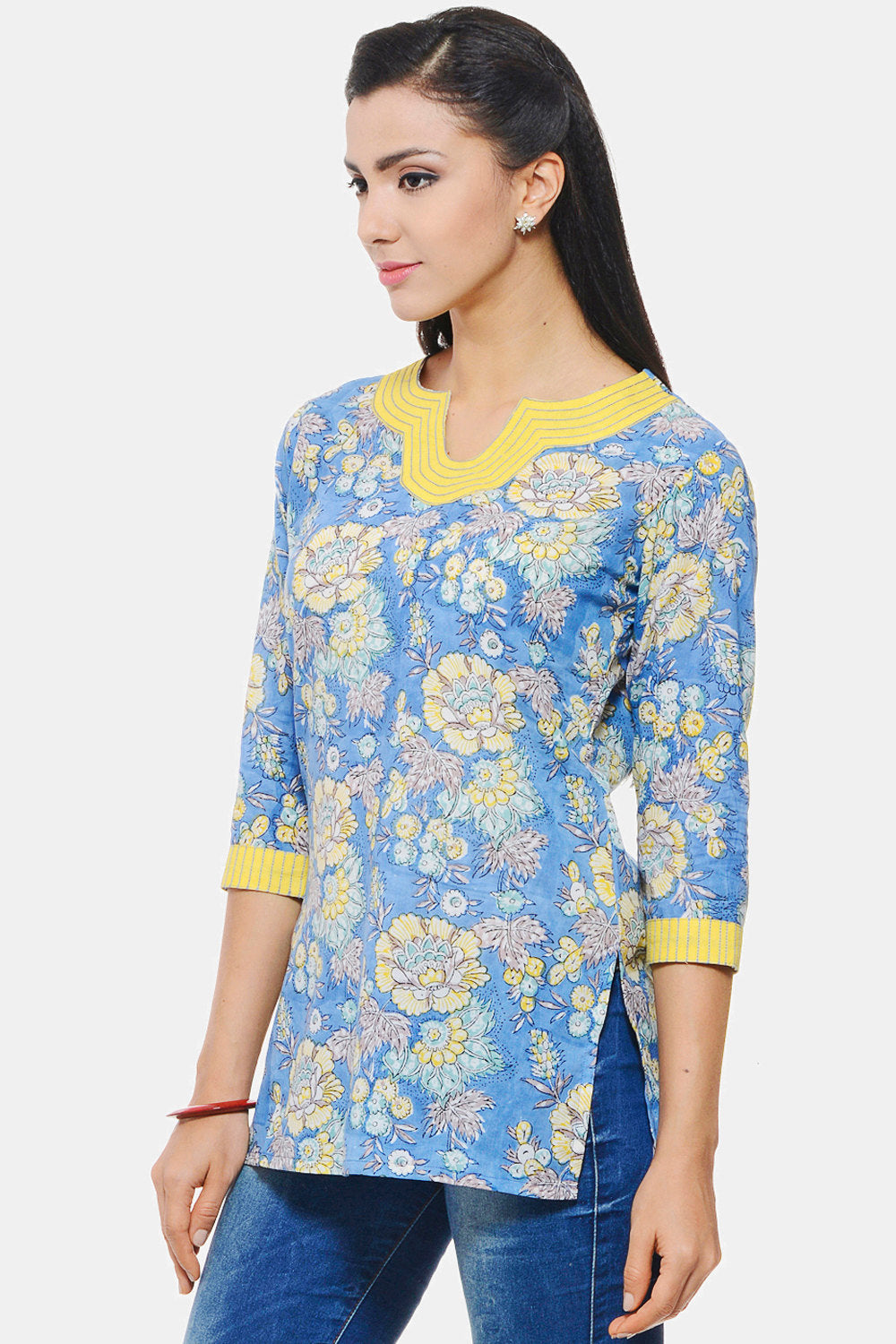 Hand Block Printed Indian Kurti in blue floral design with Embroidery on neck and sleeves