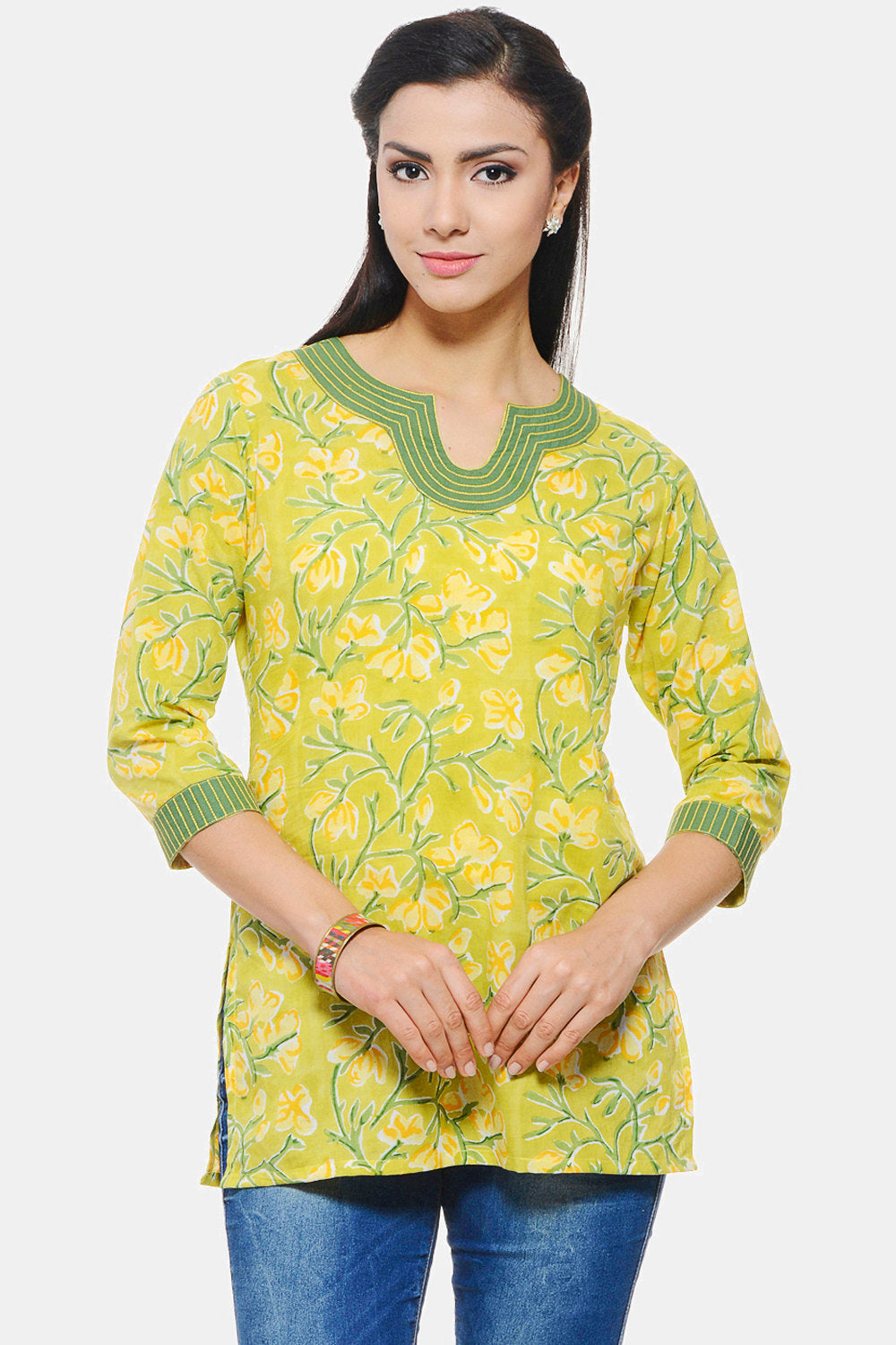 Hand Block Printed Indian Kurti in pastel green floral design with Embroidery on neck and sleeves