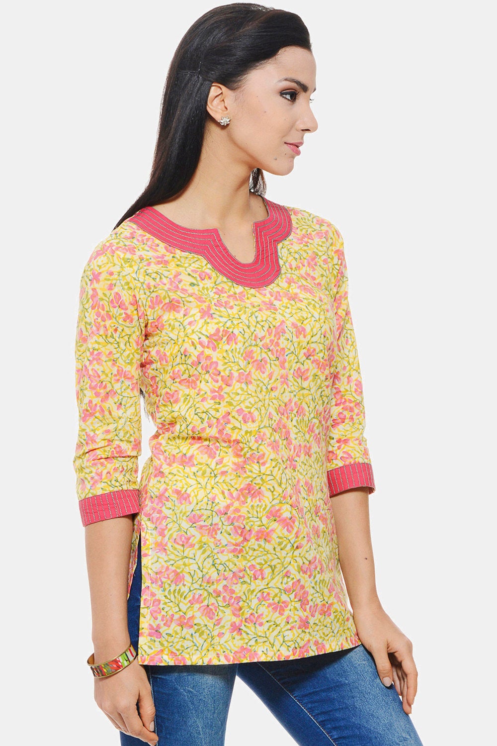 Hand Block printed Indian Kurti in yellow floral design with embroidery on neck and sleeves